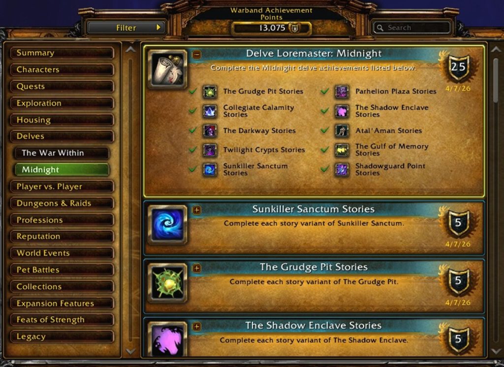 Delve Loremaster: Midnight achievement